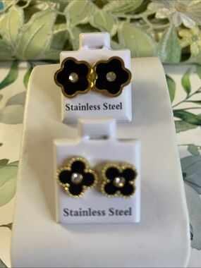 Black and Gold Floral Stainless Steel Stud Earrings - 2 Pair